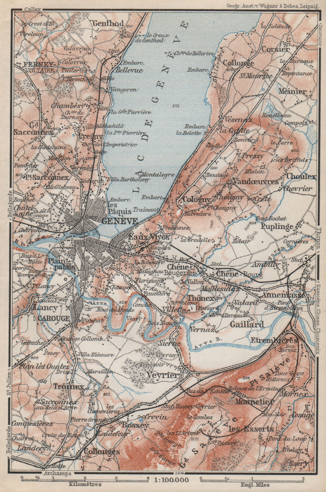 GENEVA GENÈVE GENF ENVIRONS. Switzerland Suisse Schweiz carte karte 1897 map
